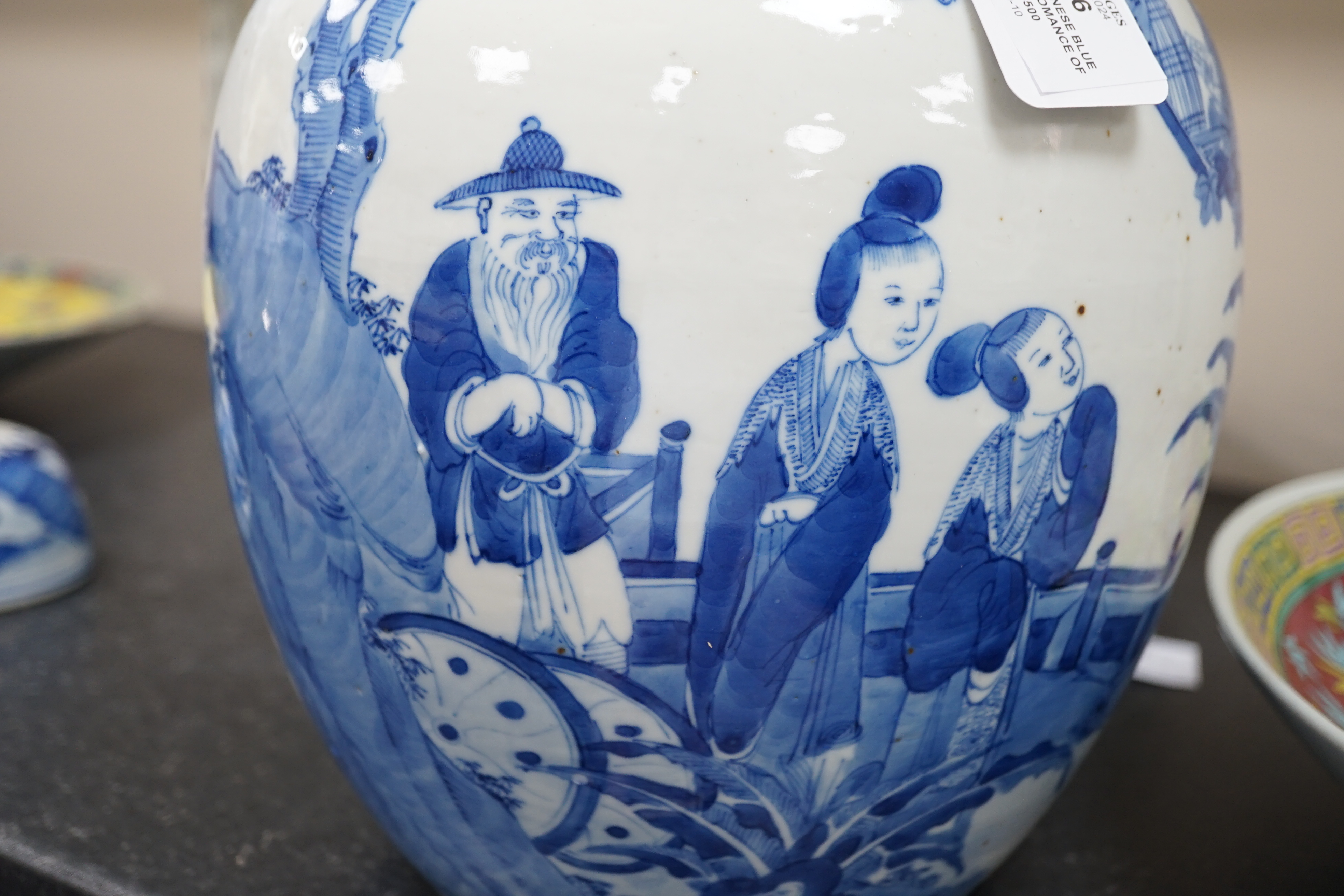 A large Chinese blue and white ‘Romance of the Western chamber’ ovoid jar and cover, Kangxi mark, but late 19th century